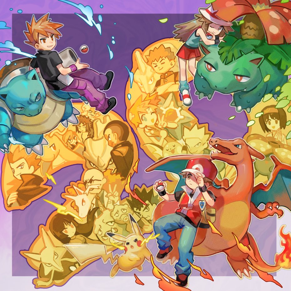 6+boys 6+girls 6+others agatha_(pokemon) alakazam anniversary blaine_(pokemon) blastoise blue_oak brock_(pokemon) bruno_(pokemon) charizard claws dragonite erika_(pokemon) everyone facial_hair fangs fire gen_1_pokemon giovanni_(pokemon) hat holding holding_poke_ball huan_li koga_(pokemon) lance_(pokemon) leaf leaf_(pokemon) looking_at_viewer lorelei_(pokemon) misty_(pokemon) multiple_boys multiple_girls multiple_others mustache nintendo onix pikachu poke_ball poke_ball_(basic) pokemon pokemon_(creature) pokemon_frlg raichu rapidash red_(pokemon) rhyhorn sabrina_(pokemon) serious skirt smile spiked_hair starmie starter_pokemon_trio sunglasses surge_(pokemon) v venusaur vileplume water weezing wings wristband