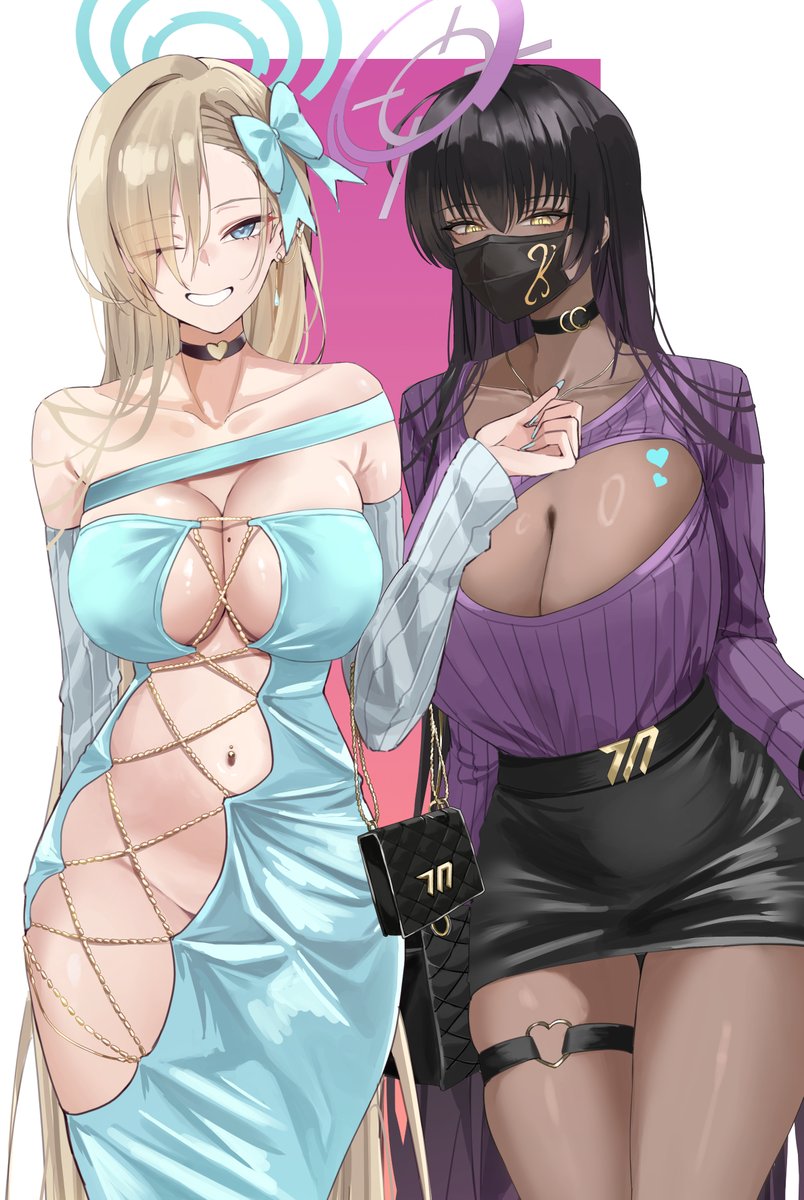2girls asuna_(blue_archive) bag black_hair black_skirt blonde_hair blue_archive blue_dress blue_eyes blue_halo blue_ribbon breasts choker cleavage cleavage_cutout clothing_cutout commentary dark-skinned_female dark_skin detached_sleeves dress grin hair_ribbon halo handbag heart heart_choker highres huge_breasts karin_(blue_archive) large_breasts long_hair looking_at_viewer mask miniskirt miz_blank mole mole_on_breast mouth_mask multiple_girls navel purple_halo purple_sweater ribbon skirt smile sweater symbol-only_commentary teeth thigh_strap yellow_eyes