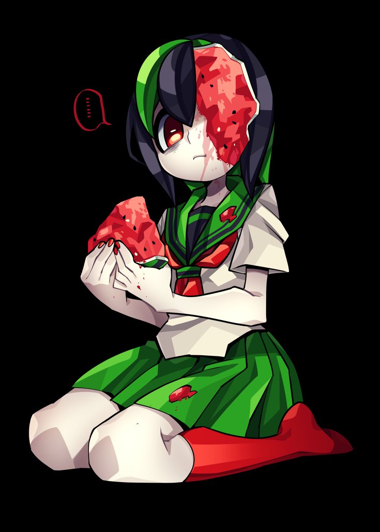 ... 1girl black_background black_hair closed_mouth commentary_request food food_on_clothes fruit green_hair green_sailor_collar green_skirt hair_between_eyes holding multicolored_hair nail_polish original pleated_skirt red_eyes red_nails red_socks sailor_collar seiza senmu_(0107) shirt short_sleeves simple_background sitting skirt socks solo spoken_ellipsis watermelon watermelon_slice