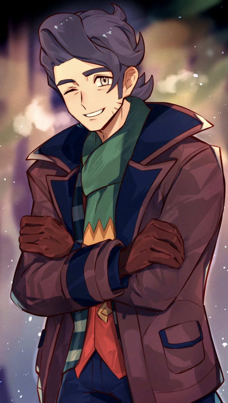 1boy black_hair blurry blurry_background brown_jacket commentary_request facial_hair gloves green_scarf grey_eyes grin highres jacket long_sleeves looking_at_viewer male_focus natupath_summer nintendo official_alternate_costume one_eye_closed open_clothes open_jacket outdoors pants pokemon pokemon_masters_ex professor_sycamore professor_sycamore_(holiday_2023) red_gloves scarf short_hair smile solo stubble teeth