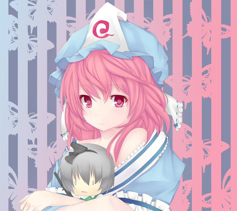 2girls art_is_de4d blush bug butterfly female_focus ghost hat hug insect japanese_clothes katana konpaku_youmu mini_person minigirl multiple_girls open_mouth pink_eyes pink_hair ribbon saigyouji_yuyuko short_hair silver_hair smile sword touhou triangular_headpiece vest weapon