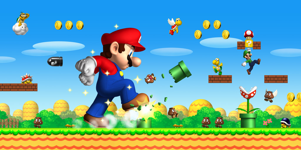 3d block_(object) blue_eyes brothers bullet_bill buzzy_beetle coin facial_hair flying giant gold_coin goomba hat jumping koopa_paratroopa koopa_troopa lakitu luigi mario mario_(series) mustache new_super_mario_bros. nintendo official_art paragoomba piranha_plant plant power-up siblings smoking_pipe spiny stomping super_mario_bros._1 super_mushroom walking wings