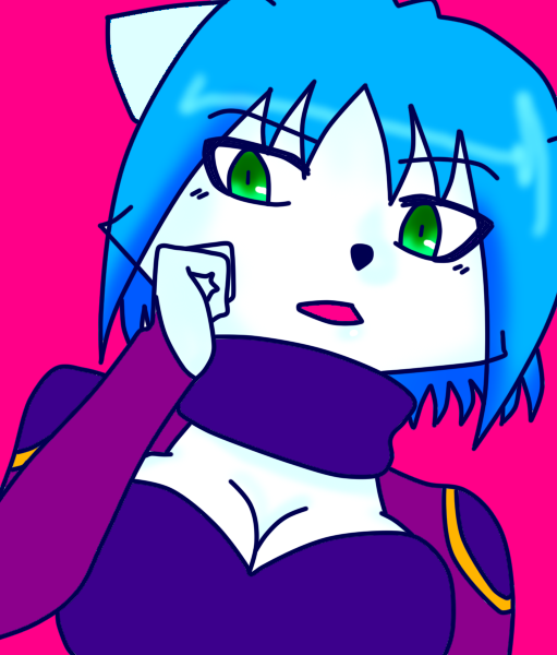animal_ears blue_hair breasts cleavage dress fox fox_ears fox_girl furry furry_female green_eyes krystal large_breasts nintendo pink_background purple_dress star_fox turtleneck white_fur