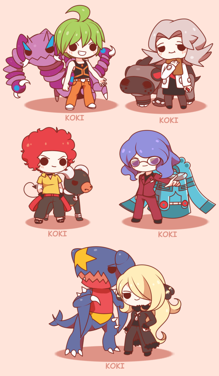 2girls 3boys aaron_(pokemon) ahoge artist_name belt bertha_(pokemon) black_dress black_jacket black_pants black_shirt blonde_hair blue_hair bronzong brown_scarf chibi claws closed_mouth commentary cynthia_(pokemon) drapion dress english_commentary eyelashes fang flint_(pokemon) full_body fur-trimmed_jacket fur_trim garchomp gen_2_pokemon gen_4_pokemon green_hair grey_hair hair_ornament hair_over_one_eye half-closed_eyes highres hippowdon hippowdon_(female) houndoom jacket koki_arts long_hair lucian_(pokemon) medium_hair multiple_boys multiple_girls nintendo open_clothes open_jacket orange_pants outstretched_arm pants pokemon pokemon_(creature) pokemon_dppt red_belt red_eyes red_hair red_jacket red_pants scarf shirt shoes short_hair simple_background sleeveless sleeveless_shirt smile standing v-shaped_eyebrows v-shaped_eyes white_footwear white_jacket yellow_shirt