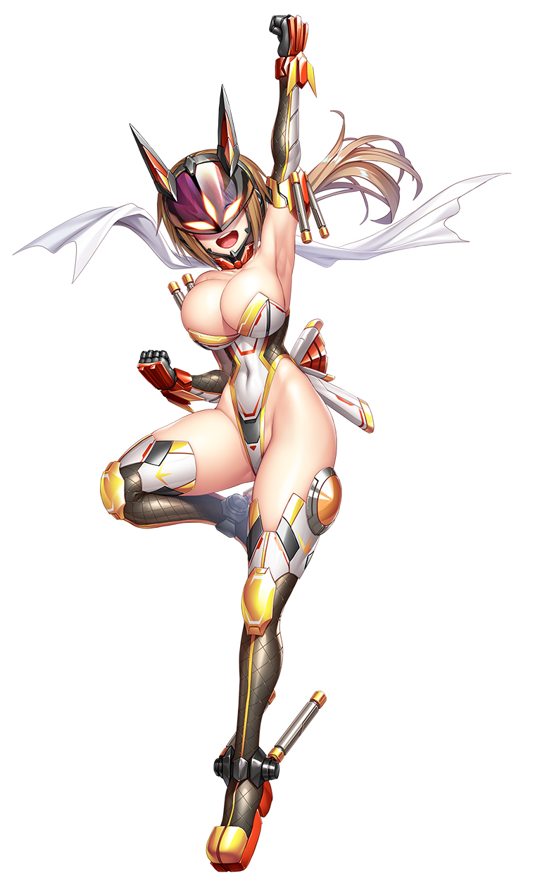 1girl asahi_(fullmetal_madness) breasts brown_hair cleavage covered_navel full_body gauntlets highleg highleg_leotard highres large_breasts leotard mask official_art open_mouth scarf second-party_source solo standing standing_on_one_leg strapless strapless_leotard taimanin_(series) taimanin_rpgx utashima_mugi white_background white_scarf