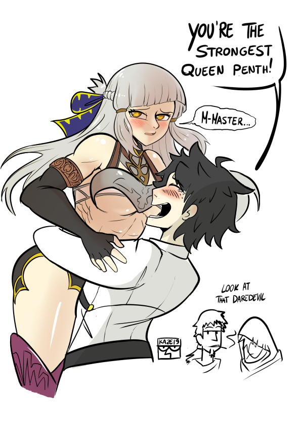 1girl 3boys armor artist_name bikini_armor black_hair blush clinickcase closed_eyes commentary english_commentary english_text fate/grand_order fate_(series) fujimaru_ritsuka_(male) hector_(fate) hug multiple_boys muscular muscular_female open_mouth penthesilea_(fate) picking_up robin_hood_(fate) smoking speech_bubble white_background white_hair yellow_eyes