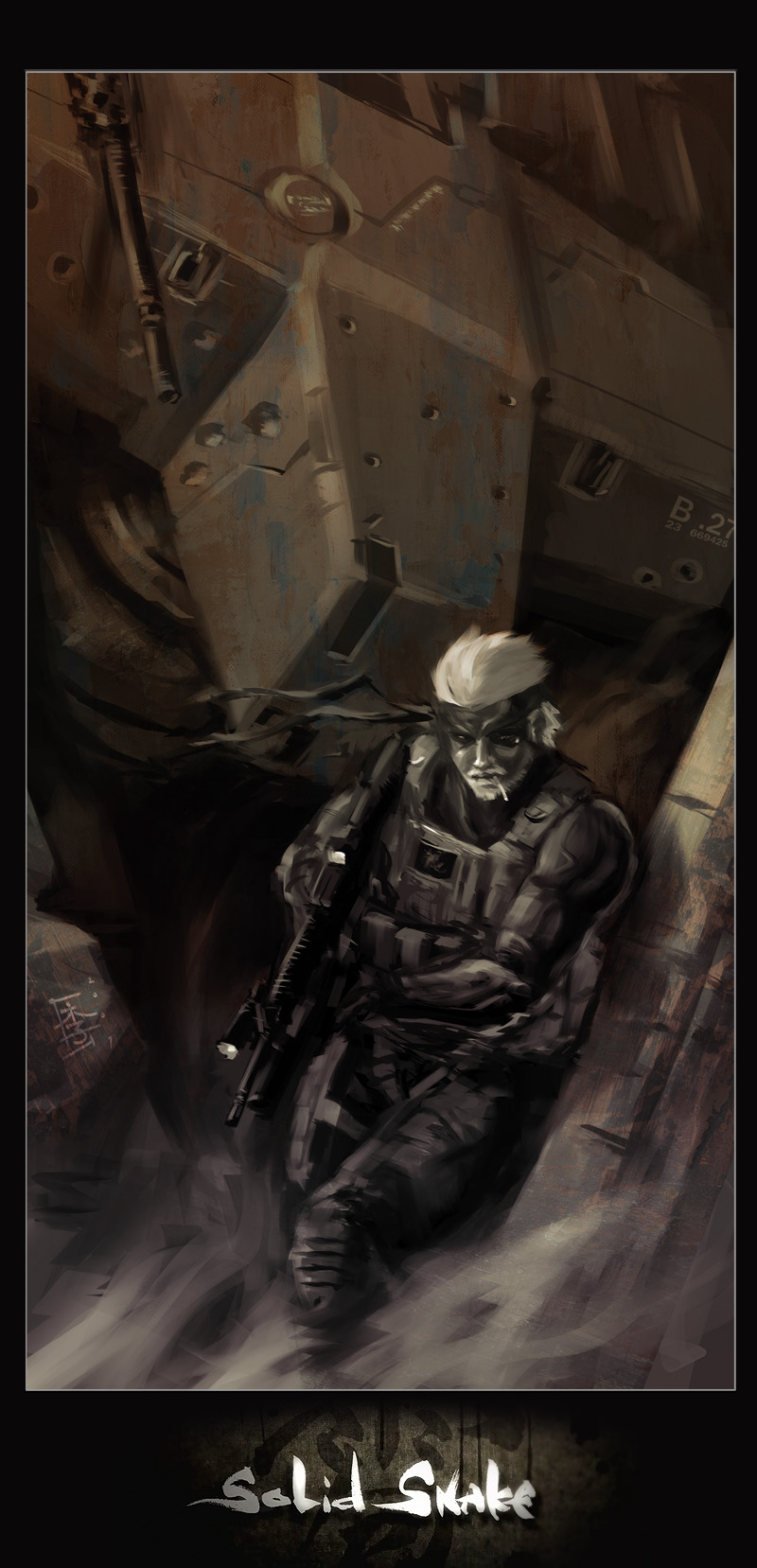 assault_rifle beard bodysuit character_name cigarette eyepatch facial_hair flashlight gun headband highres holographic_weapon_sight load_bearing_vest m16 male_focus mar-c! metal_gear_(series) metal_gear_rex metal_gear_solid_4:_guns_of_the_patriots monochrome old old_man reflector_sight rifle sepia sight_(weapon) smoking sneaking_suit solid_snake solo solo_focus tactical_light weapon white_hair
