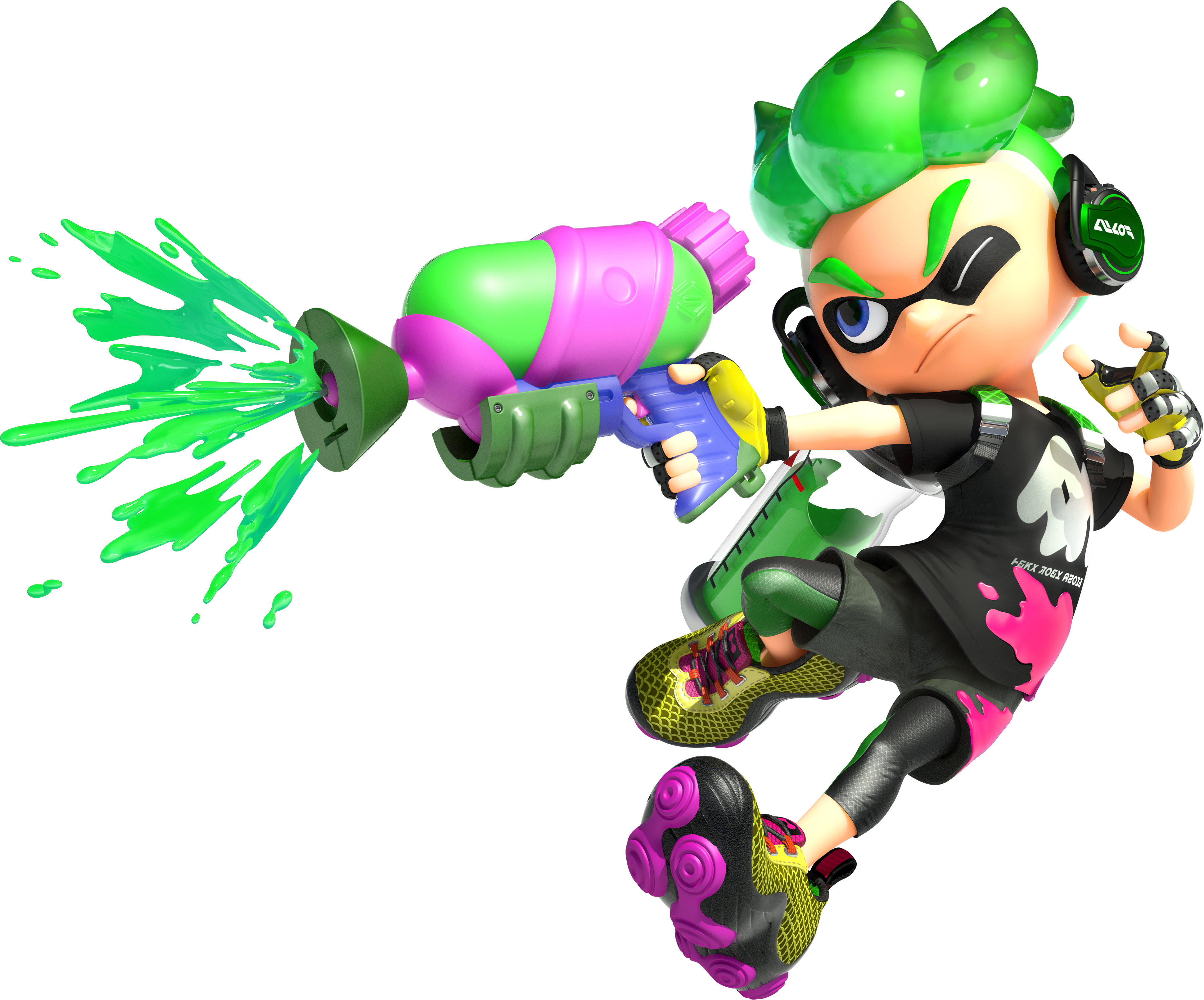 1boy 3d absurdres aiming bike_shorts black_shirt blue_eyes closed_mouth cuttlefrsh_(splatoon) dynamic_pose eye_mask fingerless_gloves full_body gloves gradient_hair green_hair headphones highres holding holding_weapon ink_tank_(splatoon) inkling inkling_boy inkling_player_character looking_to_the_side multicolored_hair nintendo official_art one_eye_closed shirt shoelaces shoes short_sleeves sneakers solo splatoon_(series) splatoon_2 splattershot_(splatoon) spotted_hair t-shirt tentacle_hair thick_eyebrows transparent_background two-tone_hair v-shaped_eyebrows weapon yellow_shoes