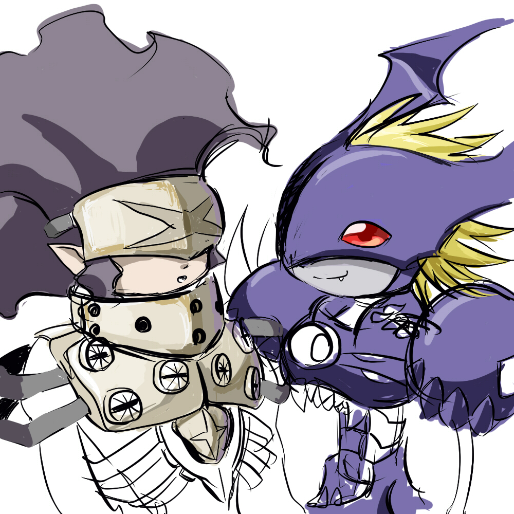 black_hair blonde_hair digimon digimon_(creature) gravimon long_hair mask neodevimon red_eyes short_hair
