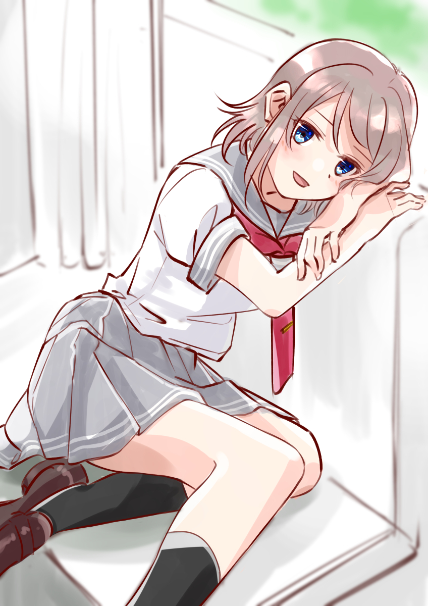 1girl blue_eyes blush brown_footwear brown_hair highres looking_at_viewer love_live! love_live!_sunshine!! school_uniform serafuku shoes short_hair simple_background skt_(ryxxxxx) smile socks thighs watanabe_you