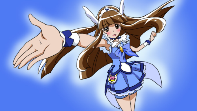 1girl arm_up bike_shorts bike_shorts_under_skirt blue_background blue_dress blue_skirt blue_theme blush bow bowtie brooch brown_eyes brown_hair choker cosplay cure_beauty cure_beauty_(cosplay) dress embarrassed female_focus head_wings jewelry karin2663 karin_(salmon_kakka) long_hair mikihara_megumi precure shorts shorts_under_skirt skirt smile_precure! solo tiara tokimeki_memorial tokimeki_memorial_1 wings wrist_cuffs