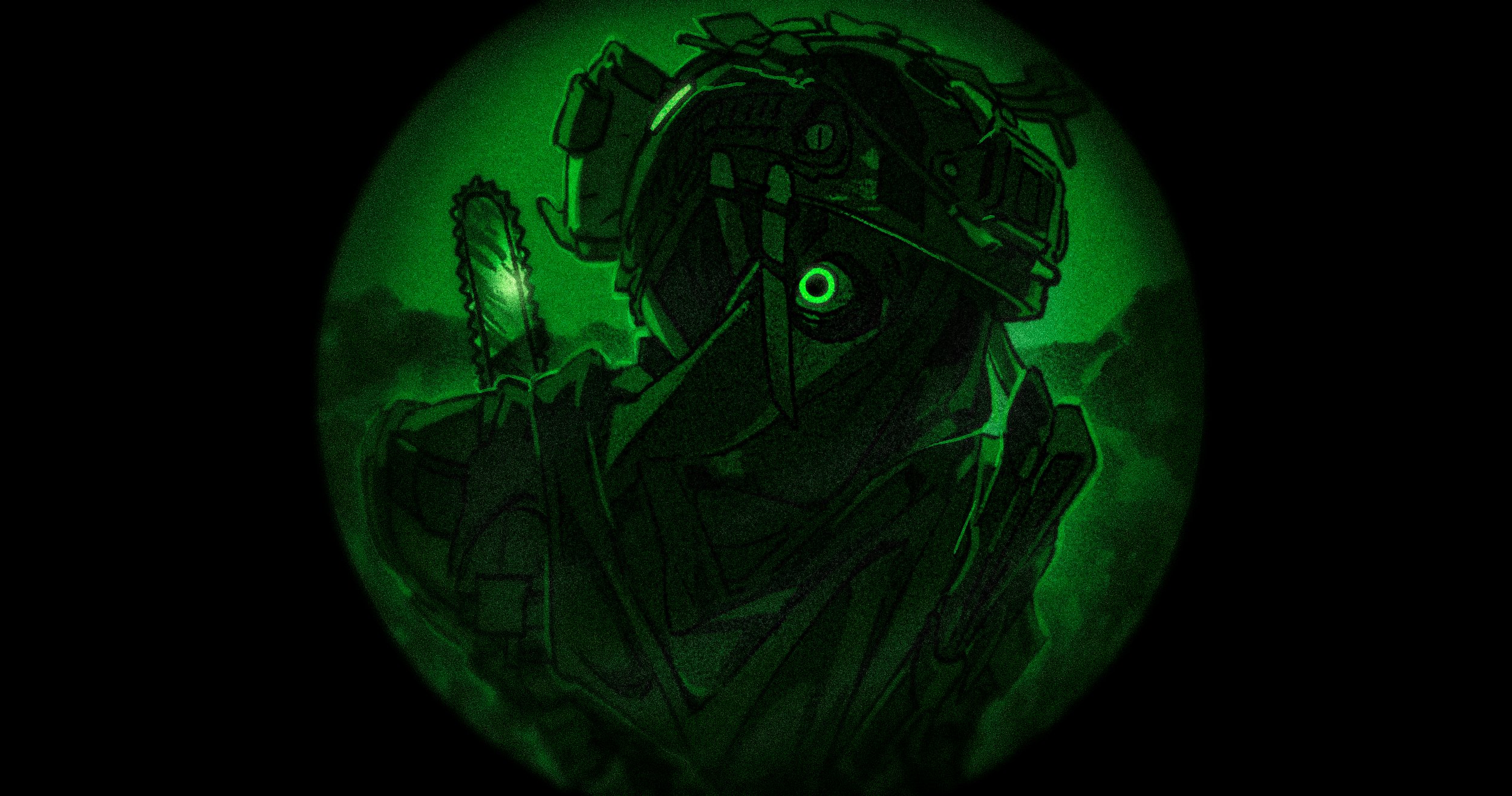 blood bloodshot_eyes bloody_weapon bulletproof_vest call_of_duty call_of_duty:_modern_warfare_2 chainsaw covered_face fisheye from_inside ghillie_suit hallot helmet highres holding holding_chainsaw konig_(call_of_duty) monitoring_(vocaloid) monochrome peephole solo stalking weapon