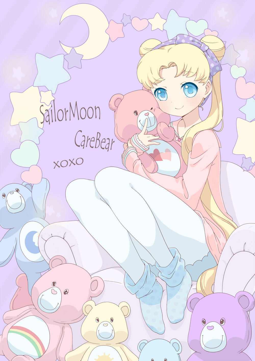 1990s_(style) 1girl bear bedtime_bear bishoujo_senshi_sailor_moon blonde_hair care_bears chair cheer_bear copyright_name crescent crescent_moon crossover double_bun female_focus full_body funshine_bear hair_bun hair_ribbon heart highres long_hair love-a-lot_bear moon neki_(wakiko) pantyhose purple_background retro_artstyle ribbon share_bear shirt sitting socks solo star_(symbol) star_in_eye stuffed_animal stuffed_toy symbol_in_eye teddy_bear tsukino_usagi twintails white_socks yume_kawaii