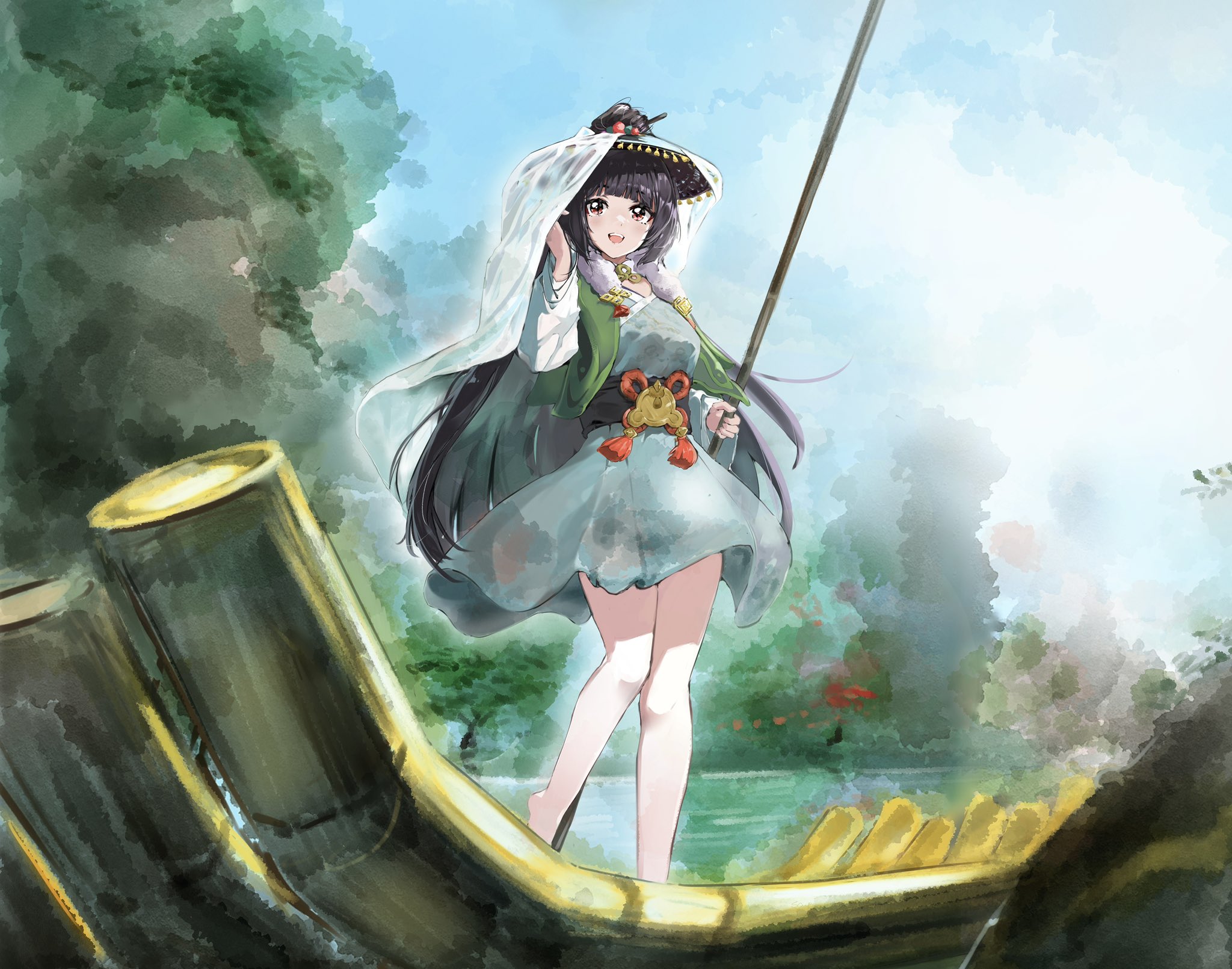 1girl aqua_dress black_hair blunt_bangs boat breasts chinese_clothes dress genshin_impact green_jacket hat highres jacket long_hair long_sleeves looking_at_viewer open_mouth red_eyes scup smile solo tassel watercraft yun_jin_(genshin_impact)