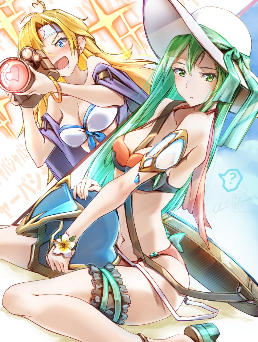 2girls ? alternate_costume bikini blonde_hair blue_eyes blush camera clear_glass_(mildmild1311) fire_emblem fire_emblem:_radiant_dawn green_eyes green_hair hat headband heather_(fire_emblem) looking_at_viewer multiple_girls nephenee_(fire_emblem) nintendo open_mouth orange_bikini sitting sun_hat swimsuit white_bikini yuri