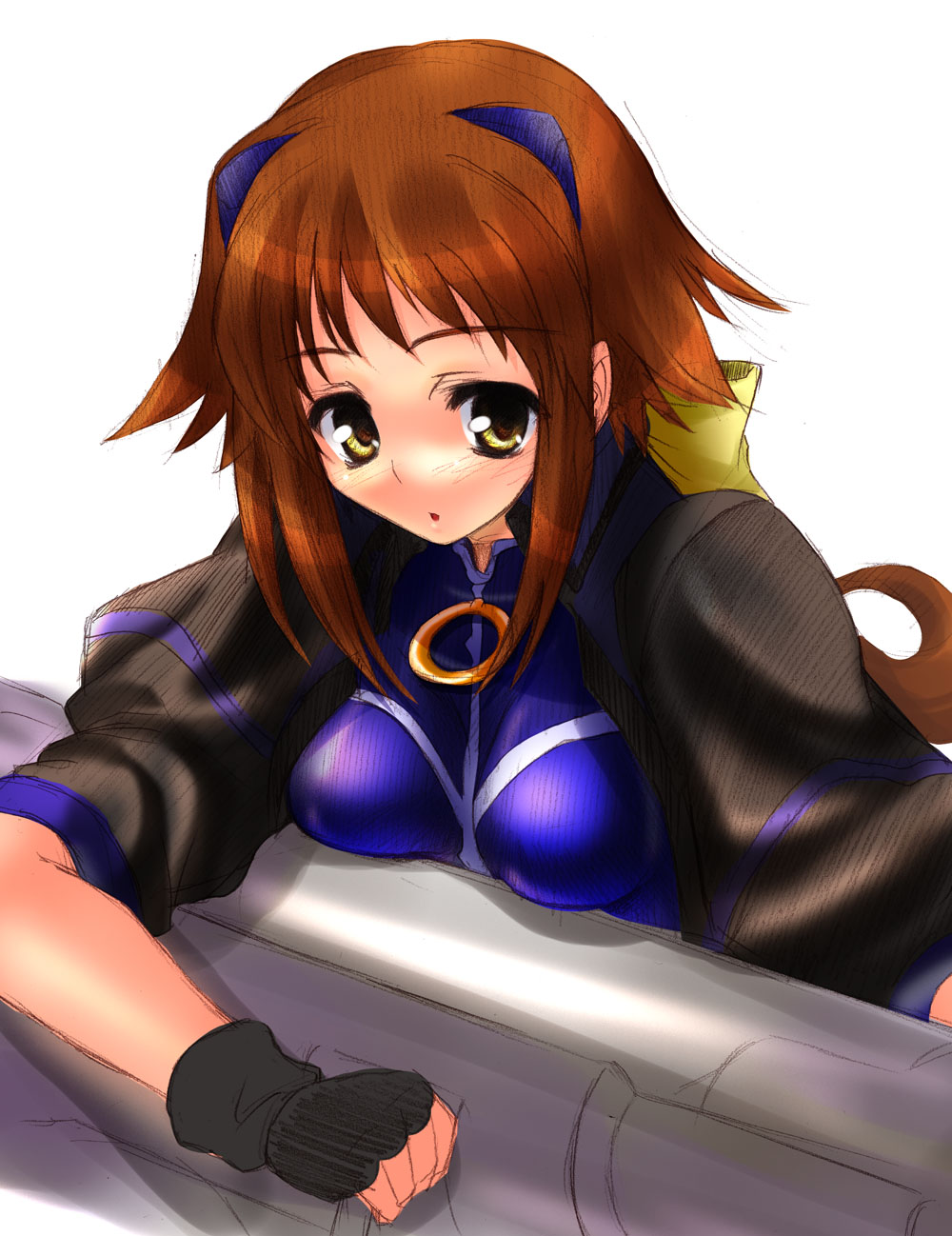 00s 1girl black_gloves blush breasts brown_eyes brown_hair dieci_(nanoha) female_focus fingerless_gloves gloves hair_ribbon highres lyrical_nanoha mahou_shoujo_lyrical_nanoha mahou_shoujo_lyrical_nanoha_strikers numbers_(nanoha) ribbon short_hair simple_background solo upper_body white_background yellow_eyes