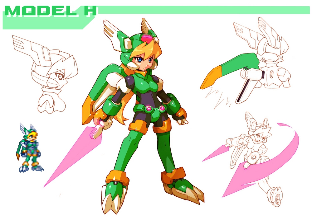 1girl abs alternate_costume armor energy_sword blonde_hair blue_eyes bodystocking boots breasts ciel_(mega_man) clawed_boots codpiece forehead_jewel full_body gauntlets helmet high_heel_boots high_heels long_hair mechanical_wings mega_man_(series) mega_man_zero_(series) mega_man_zx model_h_(mega_man) sleeveless small_breasts sprite_art thigh_boots thighs tomycase white_background wings