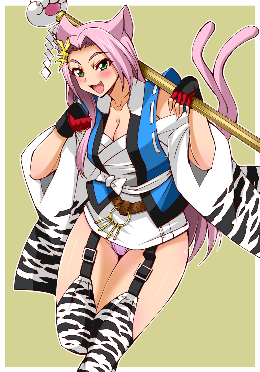1girl animal_ears banpresto blush breasts cat_ears cat_tail cleavage female_focus fingerless_gloves gabao_(mattari_2019) garter_belt gloves green_eyes hair_ornament highres koma_(srw) large_breasts legs microskirt multiple_tails panties pantyshot paw_pose pink_hair pink_panties skirt smile solo super_robot_wars super_robot_wars_og_saga_mugen_no_frontier tail thighhighs thighs underwear upskirt