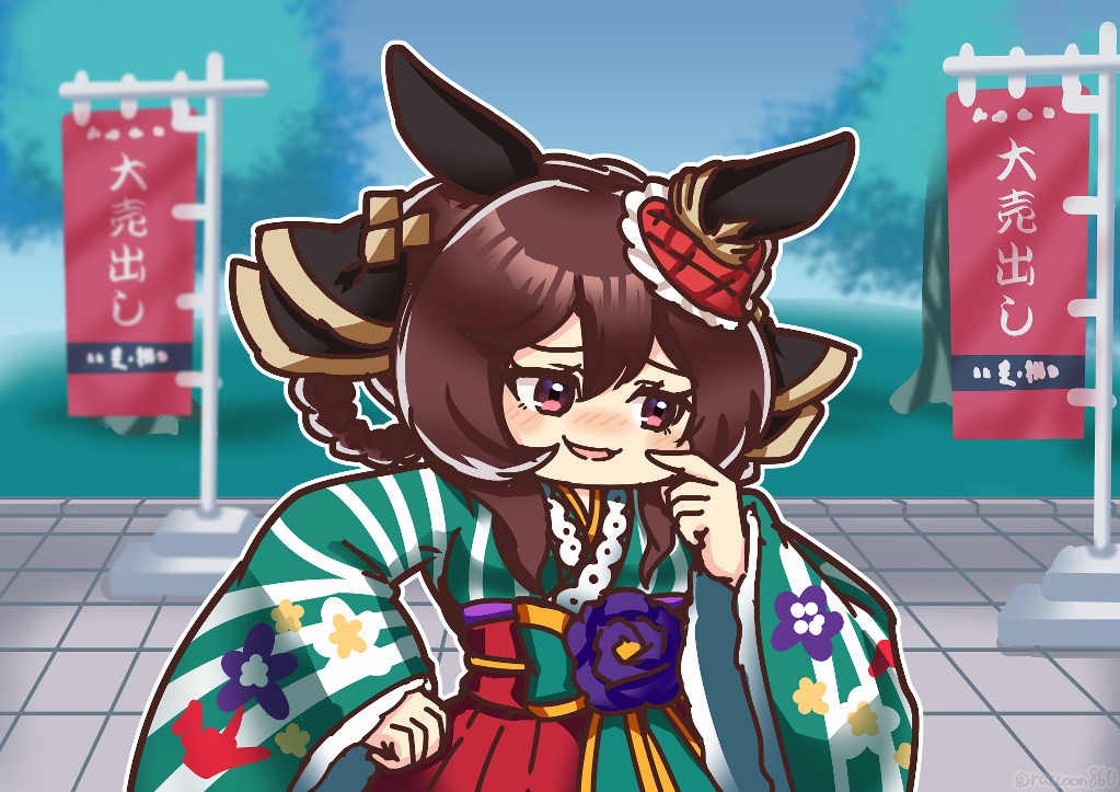1girl animal_ears averting_eyes black_bow blurry blurry_background blush bow braid braided_hair_rings brown_eyes brown_hair commentary cosplay ear_covers ear_ornament english_commentary finger_to_cheek gentildonna_(umamusume) green_kimono hair_bow hair_rings hand_on_own_hip horse_ears horse_girl japanese_clothes kimono long_hair mixed-language_commentary nice_nature_(converging_wishes)_(umamusume) nice_nature_(umamusume) nice_nature_(umamusume)_(cosplay) obi outdoors outline pinstripe_kimono pinstripe_pattern sash senhayama_(racoon) sidelocks solo tile_floor tiles umamusume upper_body