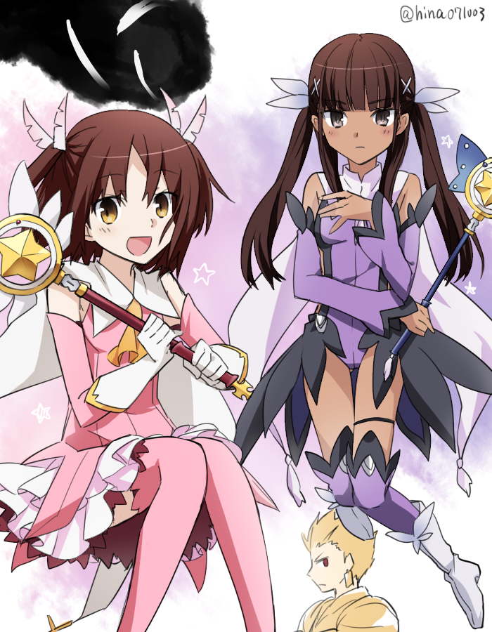 1boy 2girls brown_hair cosplay fate/kaleid_liner_prisma_illya fate/stay_night fate/strange_fake fate_(series) gilgamesh_(fate) hair_ornament illyasviel_von_einzbern kuruoka_tsubaki long_hair magical_girl magical_ruby magical_sapphire miyu_edelfelt miyu_edelfelt_(cosplay) miyu_edelfelt_(magical_girl) multiple_girls ouhina pale_rider_(fate) prisma_illya prisma_illya_(cosplay) smile thighhighs tine_chelc twitter_username