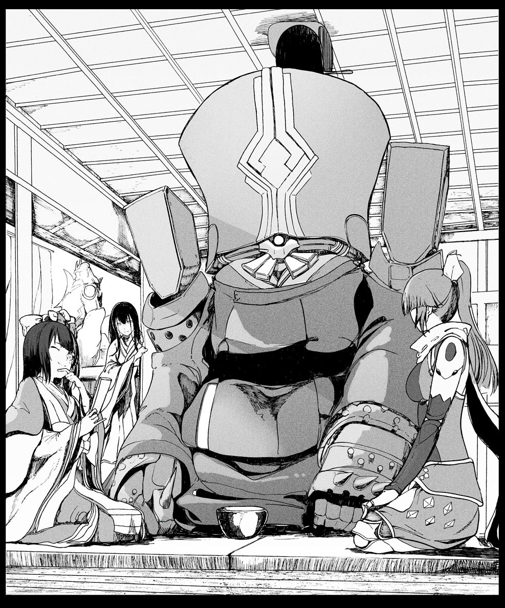 1boy 3girls breasts charles_babbage_(fate) fate/grand_order fate_(series) greyscale hat japanese_clothes joints katou_danzou_(fate) kimono long_hair mechanical_arms monochrome multiple_girls murasaki_shikibu_(fate) murasaki_shikibu_(third_ascension)_(fate) ponytail robot robot_joints scarf sei_shounagon_(fate) sei_shounagon_(third_ascension)_(fate) seiza single_mechanical_arm sitting smile syatey very_long_hair