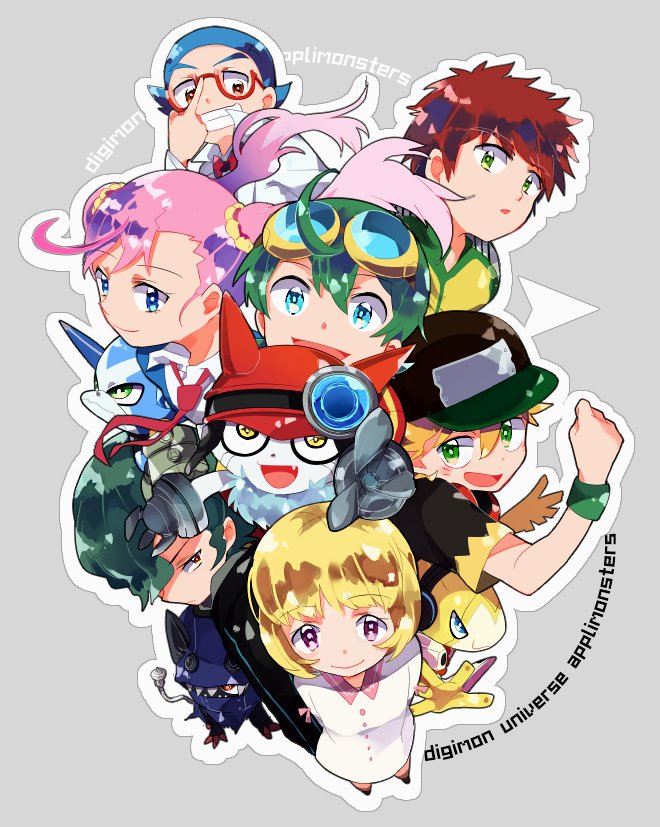 2girls 5boys appmon asuka_torajirou digimon digimon_universe:_appli_monsters dokamon gatchmon gloves hackmon_(appmon) hat helmet hood karan_eri kashiki_ai katsura_rei metal_gloves multiple_boys multiple_girls musimon offmon ozora_yujin shinkai_haru wato_takeru