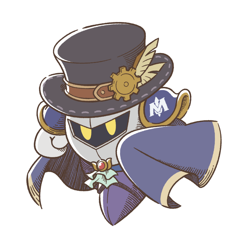 armor artist_request black_hat blue_cape cape full_body gear_hat_ornament hat hat_belt hat_feather hat_ornament hoshi_no_kirby:_mugen_no_haguruma_o_sagase! kirby_(series) mask meta_knight nintendo no_humans official_alternate_costume official_art second-party_source solo top_hat yellow_eyes
