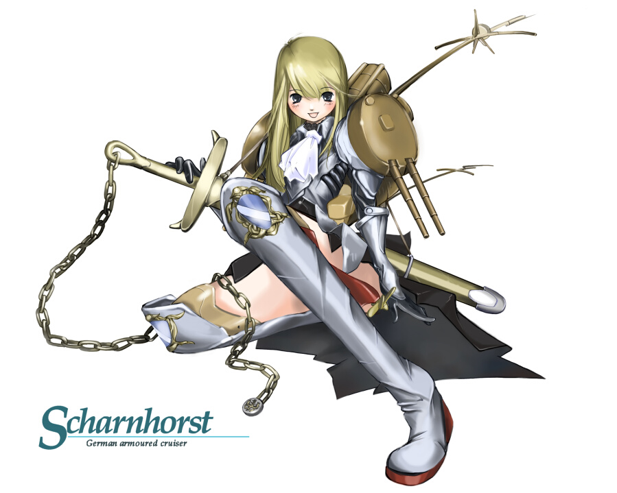 armor blonde_hair boots grey_eyes imperial_german_navy long_hair mecha_musume military nano_(nanosize) scharnhorst ship skirt solo sword watercraft weapon