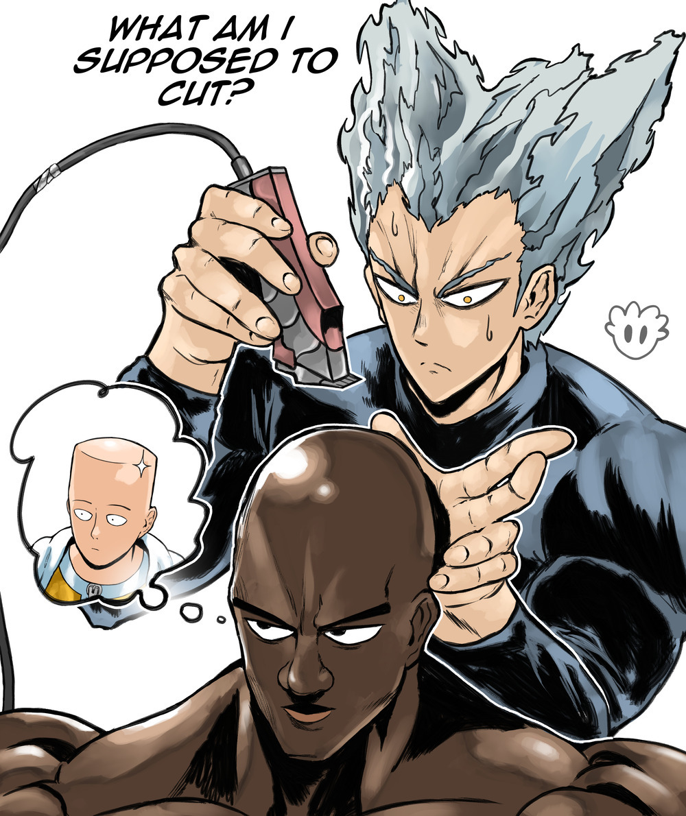 3boys bald choso_giving_toudou_a_haircut_(meme) chougoukin_kurobikari commentary dark-skinned_male dark_skin devovas english_commentary english_text frown garou_(one-punch_man) grey_hair hair_clipper hair_horns holding male_focus meme multiple_boys muscular muscular_male one-punch_man saitama_(one-punch_man) shiny_skin signature smile speech_bubble thought_bubble v-shaped_eyebrows very_dark_skin widow&#039;s_peak yellow_eyes