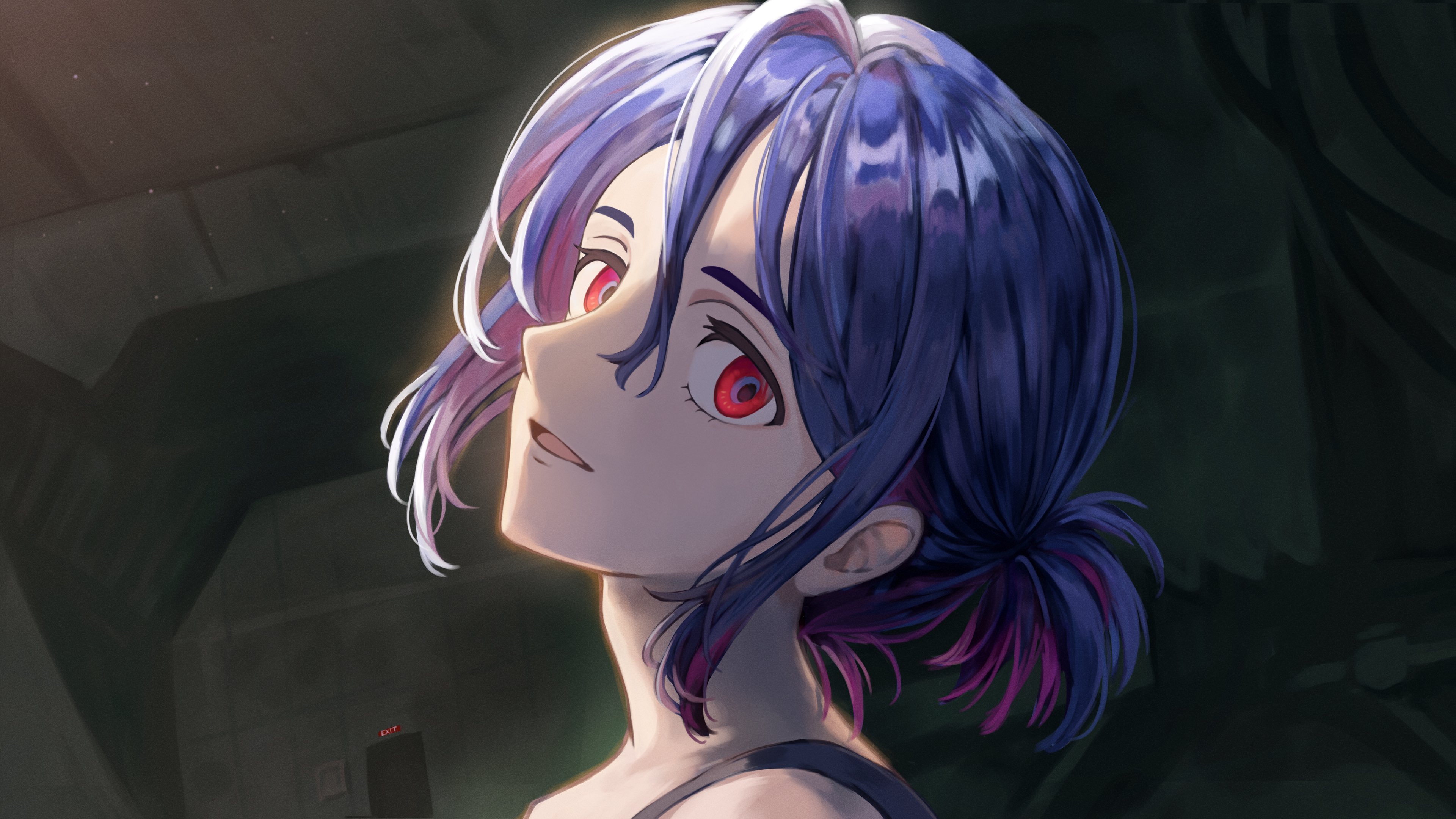 1boy absurdres blue_hair colored_inner_hair commentary gundam gundam_gquuuuuux highres male_focus multicolored_hair open_mouth ponytail portrait purple_hair red_eyes short_hair shuji_ito smile solo torinari_(dtvisu) two-tone_hair