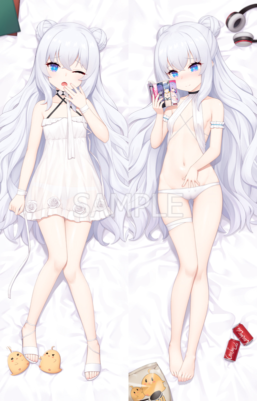 1girl ;o animal azur_lane bare_arms bare_shoulders barefoot bed_sheet bird blue_eyes blush breasts cameltoe can chick closed_mouth cola commentary criss-cross_halter dakimakura_(medium) double_bun dress drink_can flower frilled_dress frills grey_hair hair_bun hair_spread_out halterneck hand_up headphones headphones_removed heijialan holding le_malin_(azur_lane) le_malin_(mercredi_at_the_secret_base)_(azur_lane) long_hair lying manjuu_(azur_lane) multiple_views navel nose_blush on_back one_eye_closed open_mouth rose sample_watermark sandals small_breasts smile soda_can thigh_gap very_long_hair watermark white_dress white_flower white_footwear white_rose yawning