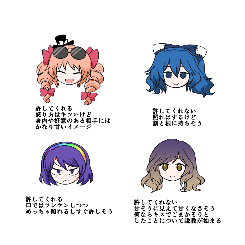 4girls blue_bow blue_eyes blue_hair bow closed_eyes closed_mouth commentary_request drill_hair eyewear_on_head gradient_hair hair_bow hairband hat head_only hijiri_byakuren kiritani_(marginal) long_hair mini_hat mini_top_hat multicolored_hair multiple_girls open_mouth purple_eyes purple_hair rainbow_hairband red_bow siblings sisters smile sunglasses tenkyuu_chimata top_hat touhou translation_request twin_drills two-tone_hair yorigami_jo&#039;on yorigami_shion