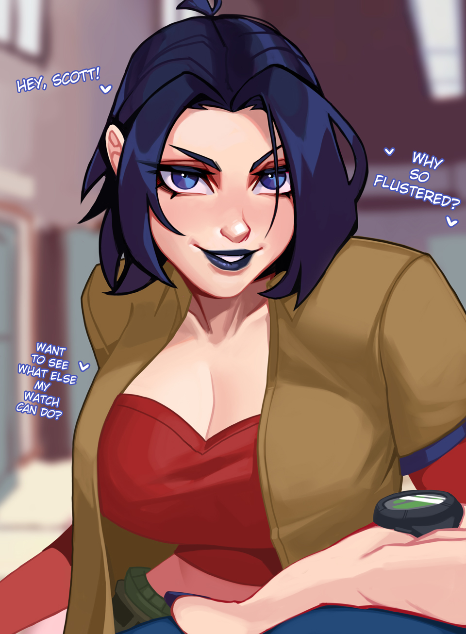 1girl blue_eyes blue_hair blue_lips blue_nails breasts cleavage genderswap genderswap_(mtf) heart highres jacket large_breasts layered_sleeves lipstick long_sleeves looking_at_viewer makeup marvel medium_hair nail_polish nightcrawler pov qtori red_shirt school school_hall shirt short_over_long_sleeves short_sleeves smile talking teasing teeth watch wristwatch x-men x-men_evolution
