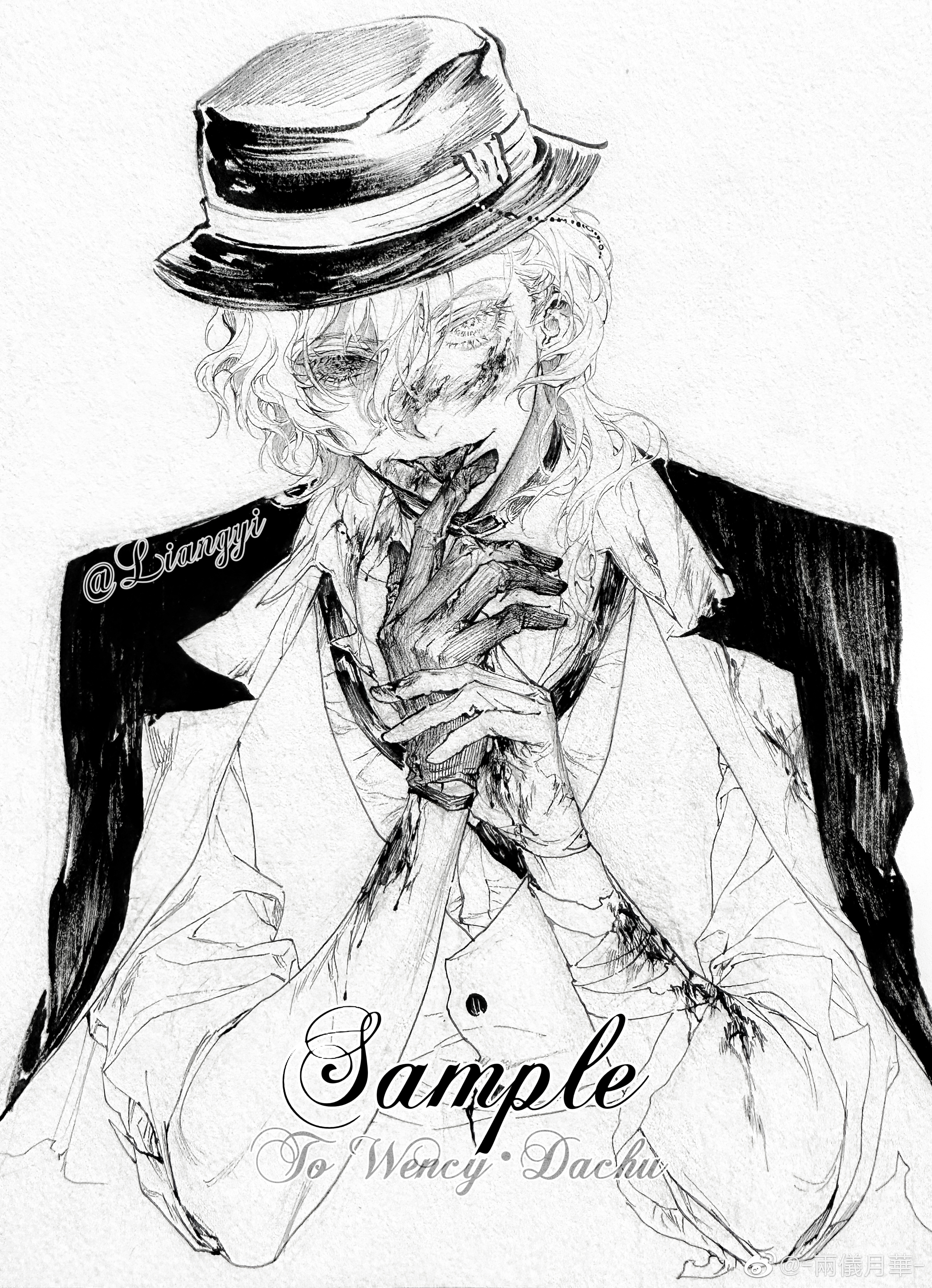 1boy absurdres artist_name bandaged_arm bandages belt_buckle belt_collar blazer blood blood_on_face blood_on_hands bowler_hat buckle buttons chinese_commentary collar collared_jacket collared_shirt commentary_request commission cropped_torso eyelashes gloves greyscale hair_between_eyes hand_on_hand hat hat_belt highres injury jacket jacket_on_shoulders lapels liangyi_yuehua licking licking_finger long_sleeves male_focus mismatched_sclera monochrome necktie nib_pen_(medium) notched_lapels original own_hands_together pen_(medium) sample_watermark shirt single_glove sleeve_cuffs solo three-quarter_sleeves tongue traditional_media two-sided_fabric two-sided_jacket vest watermark weibo_watermark
