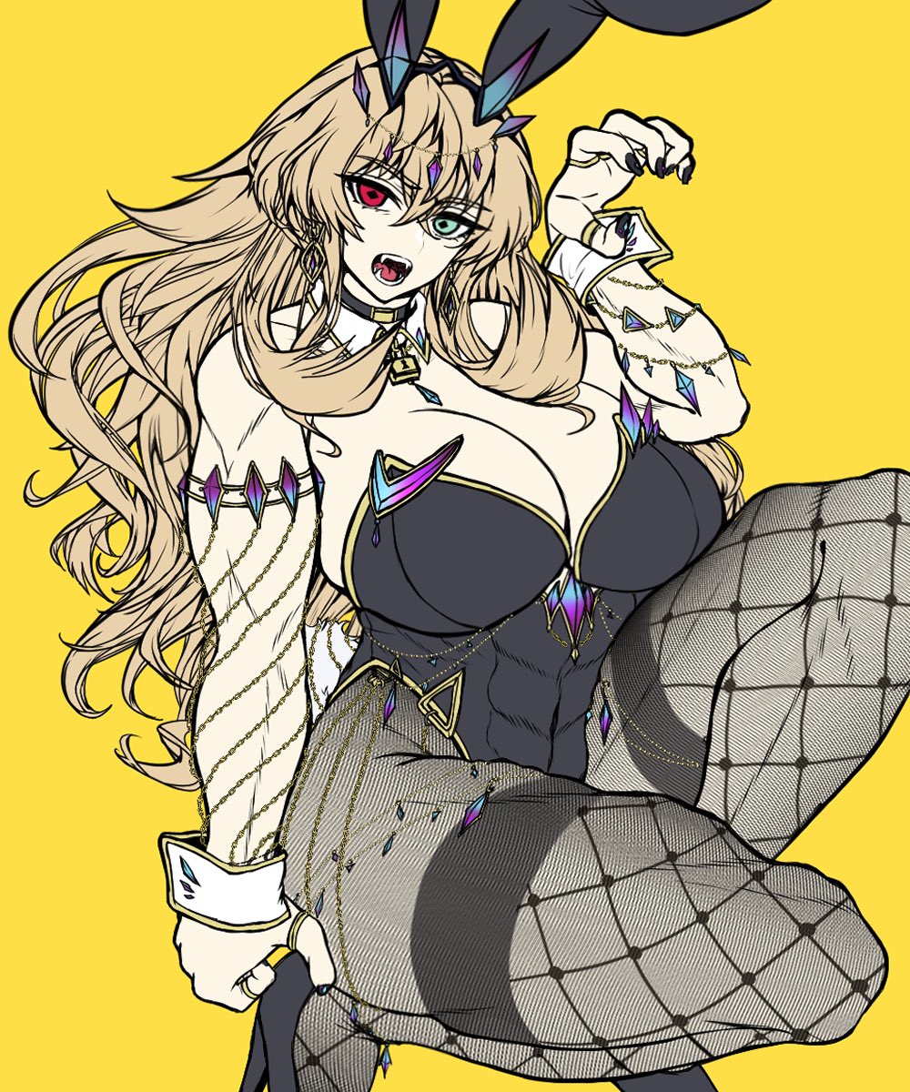 1girl abs animal_ears bare_shoulders barghest_(fate) biceps black_leotard blonde_hair breasts brown_pantyhose choker cleavage covered_navel detached_collar fake_animal_ears fate/grand_order fate_(series) green_eyes heterochromia high_heels highleg highleg_leotard highres horns large_breasts leotard long_hair looking_at_viewer muscular muscular_female open_mouth pantyhose playboy_bunny rabbit_ears rabbit_tail red_eyes satou_nui solo tail thick_thighs thighs wrist_cuffs
