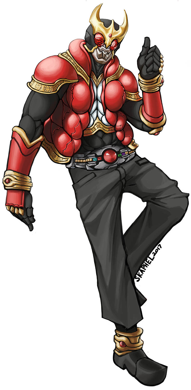 1boy 2017 abs arcle_(kuuga) armor artist_name black_footwear black_gloves gloves gold_horns gold_trim highres kamen_rider kamen_rider_kuuga kamen_rider_kuuga_(rising_mighty_form) kamen_rider_kuuga_(series) leg_armor male_focus muscular muscular_male red_armor rider_belt shoulder_armor skaphel solo stag_beetle thumbs_up tokusatsu