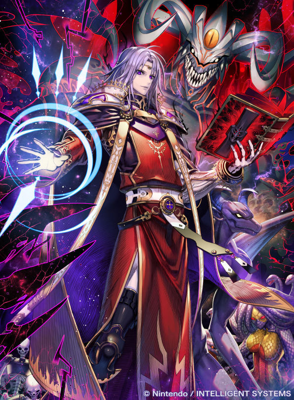 1boy armor book cape casting_spell circlet commentary_request company_name fire_emblem fire_emblem:_the_sacred_stones fire_emblem_cipher fomortiis_(fire_emblem) holding holding_book lyon_(fire_emblem) magic male_focus medium_hair monster nintendo official_art pauldrons purple_eyes purple_hair robe setsu_albatross shoulder_armor skeleton