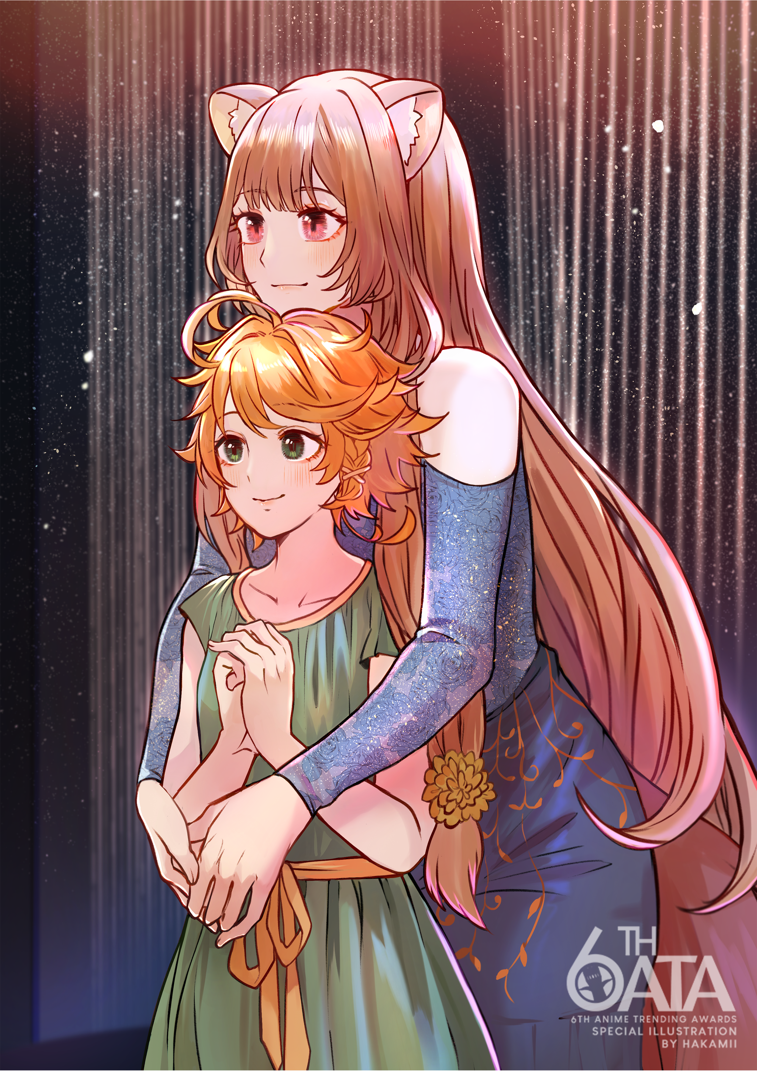 2girls absurdres alternate_costume animal_ear_fluff animal_ears bare_shoulders blue_dress brown_hair character_request check_character closed_mouth clothing_cutout collarbone commentary cowboy_shot crossover dress emma_(yakusoku_no_neverland) english_commentary floral_print green_dress green_eyes hakamii highres hug hug_from_behind light_blush light_smile long_hair long_sidelocks long_sleeves looking_ahead messy_hair multiple_girls orange_hair own_hands_together raccoon_ears raccoon_girl raccoon_tail raphtalia red_eyes short_hair short_sleeves shoulder_cutout sidelocks smile standing tail tate_no_yuusha_no_nariagari yakusoku_no_neverland