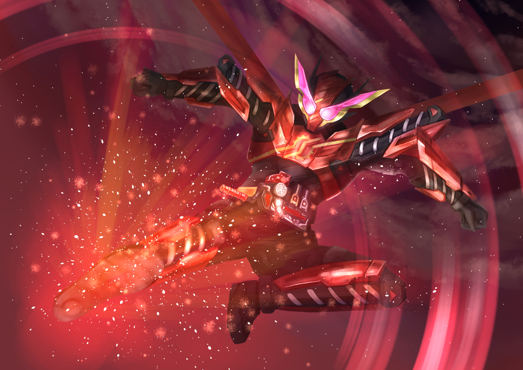 1boy animal_ears armor belt black_bodysuit bodysuit build_driver rider_belt finishing_move fullbottle fullfull_bottle gloves hazard_trigger heisei helmet kamen_rider kamen_rider_build kamen_rider_build_(series) looking_at_viewer male_focus rabbit rabbit+tank_form red_armor red_eyes red_gloves rider_belt rider_kick solo spring_(object) tokusatsu tsubasansan