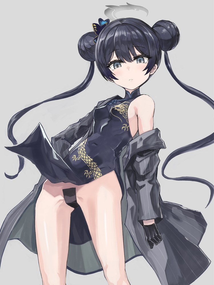 1girl bare_shoulders black_dress black_gloves black_hair blue_archive blue_eyes braid braided_bun breasts butterfly_hair_ornament china_dress chinese_clothes double_bun dragon_print dress edobox gloves grey_eyes grey_jacket hair_bun hair_ornament halo jacket jacket_on_shoulders kisaki_(blue_archive) long_hair looking_at_viewer maebari no_panties pelvic_curtain print_dress short_dress side_slit sleeveless sleeveless_dress small_breasts solo striped_clothes striped_jacket tape tape_maebari twintails vertical-striped_clothes vertical-striped_jacket