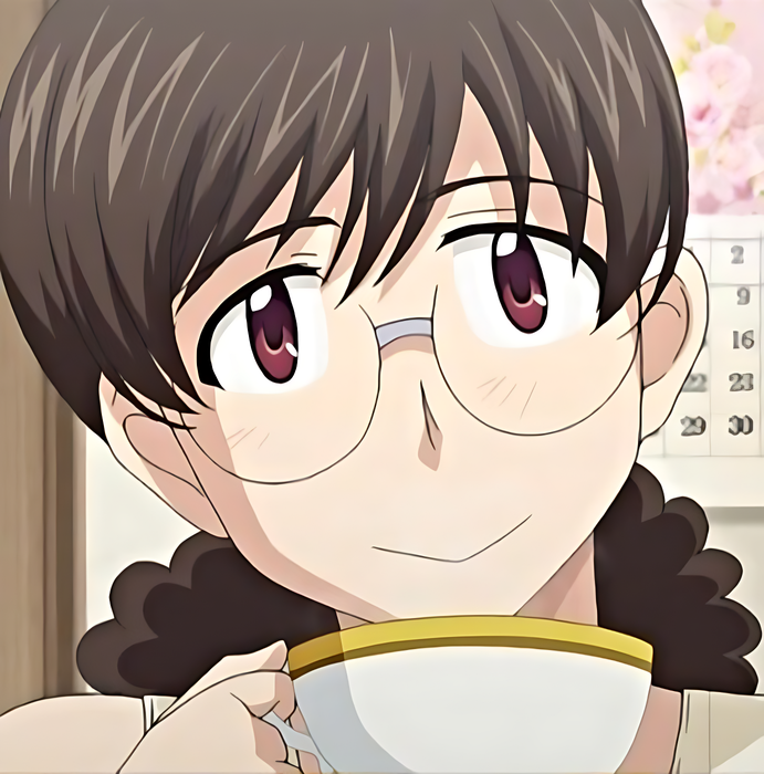 1girl 2020 20s cup curly_hair glasses hitozuma_mitsu_to_niku housewife mature_female obasan_(hitozuma_mitsu_to_niku) ponytail queen_bee_(animation_studio) smile tagme vest