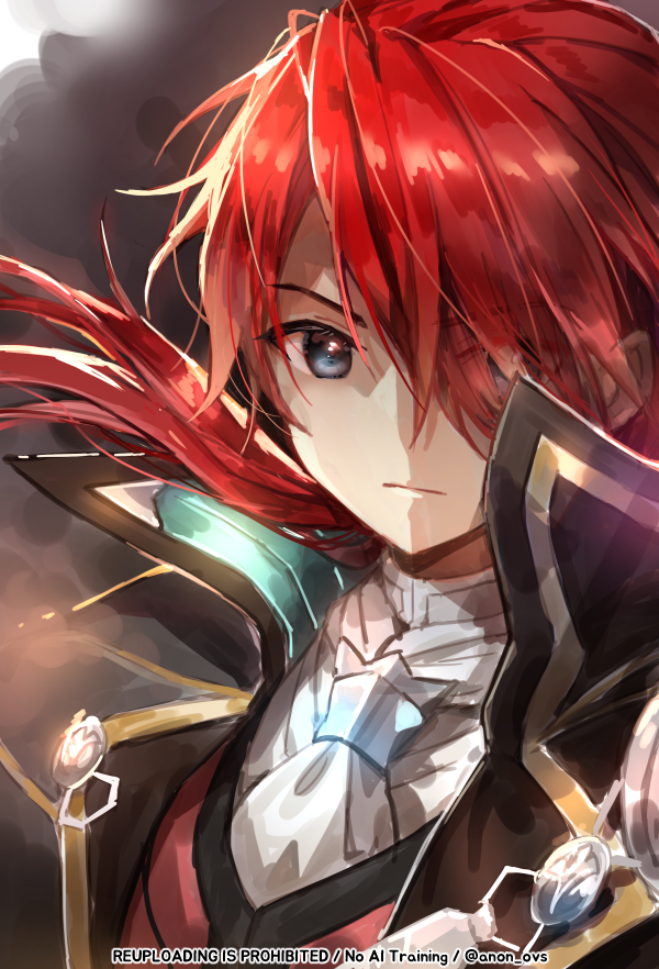 1boy adol_christin artist_name black_eyes closed_mouth commentary_request crimson_king_(ys) hair_over_one_eye high_collar long_hair looking_at_viewer male_focus red_hair shaded_face solo trianon twitter_username ys ys_ix:_monstrum_nox