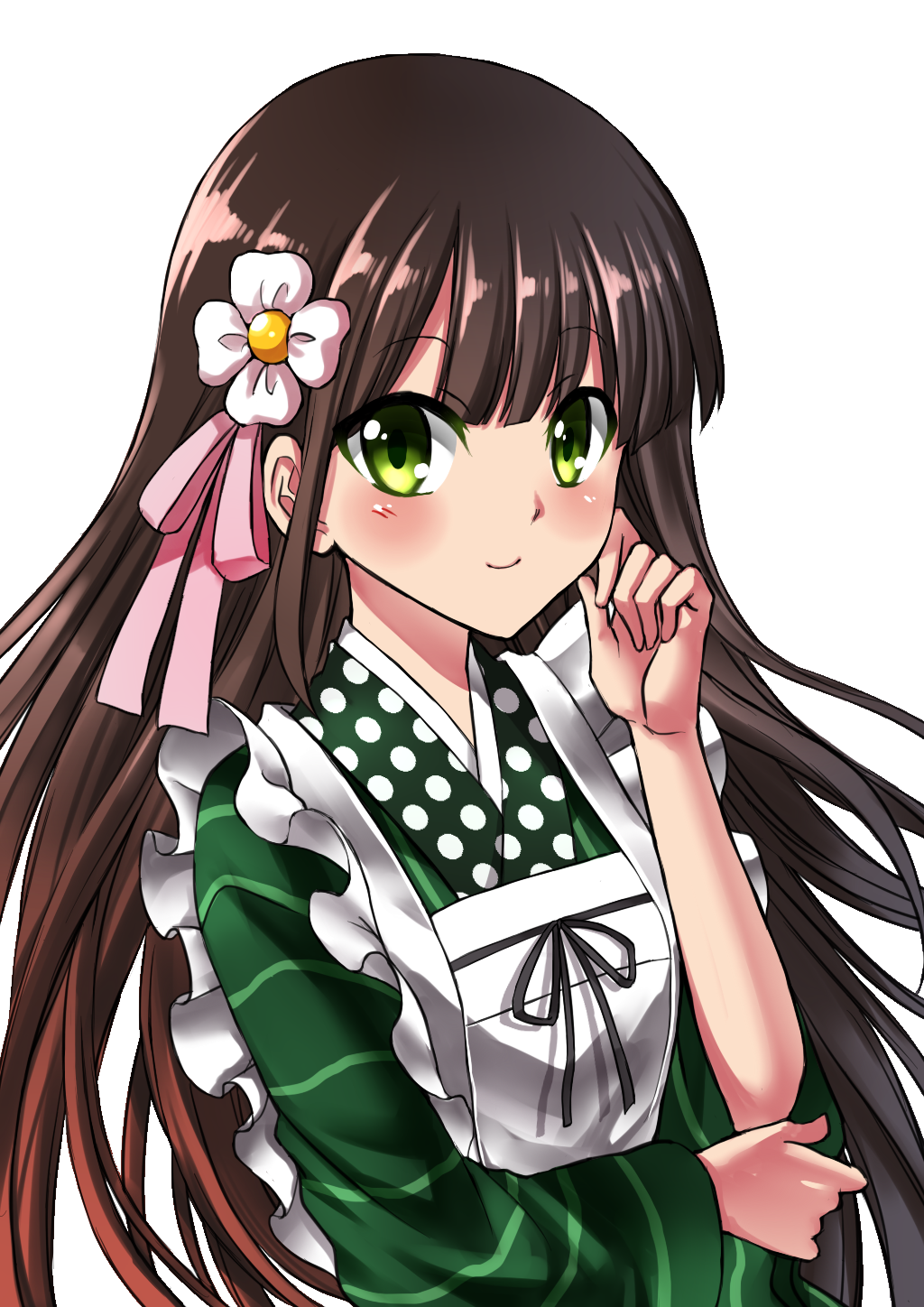 1girl ama_usa_an_uniform apron blunt_bangs blush breasts brown_hair closed_mouth female_focus flower gochuumon_wa_usagi_desu_ka? green_eyes green_kimono hair_flower hair_ornament hand_on_own_cheek hand_on_own_face highres japanese_clothes kaikai kimono long_hair long_sleeves looking_at_viewer maid_apron pink_ribbon polka_dot_trim ribbon simple_background small_breasts smile solo striped_clothes striped_kimono ujimatsu_chiya upper_body white_apron white_background white_flower wide_sleeves