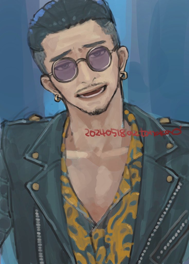 1boy black_hair black_jacket blue_background collarbone dated earrings facial_hair gold_earrings green_shirt grey_eyes hair_slicked_back hoop_earrings hotaru1012 jacket jewelry leather leather_jacket looking_to_the_side male_focus multicolored_shirt open_mouth procreate_(medium) purple-tinted_eyewear round_eyewear ryuu_ga_gotoku_(series) ryuu_ga_gotoku_7 shirt short_hair solo tinted_eyewear undercut yellow_shirt zhao_tianyou