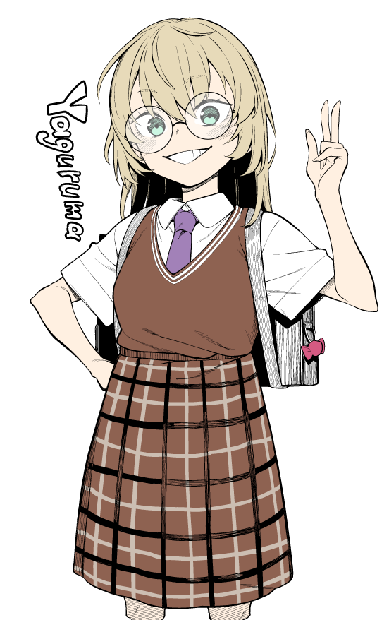 1girl bag blonde_hair breasts brown_skirt brown_vest character_name collared_shirt commentary cowboy_shot cropped_legs green_eyes grin long_hair looking_at_viewer necktie nijisanji plaid_clothes plaid_skirt purple_necktie shirt short_sleeves shoulder_bag sidelocks simple_background skirt small_breasts smile solo spirytus_tarou vest virtual_youtuber white_background white_shirt yaguruma_rine
