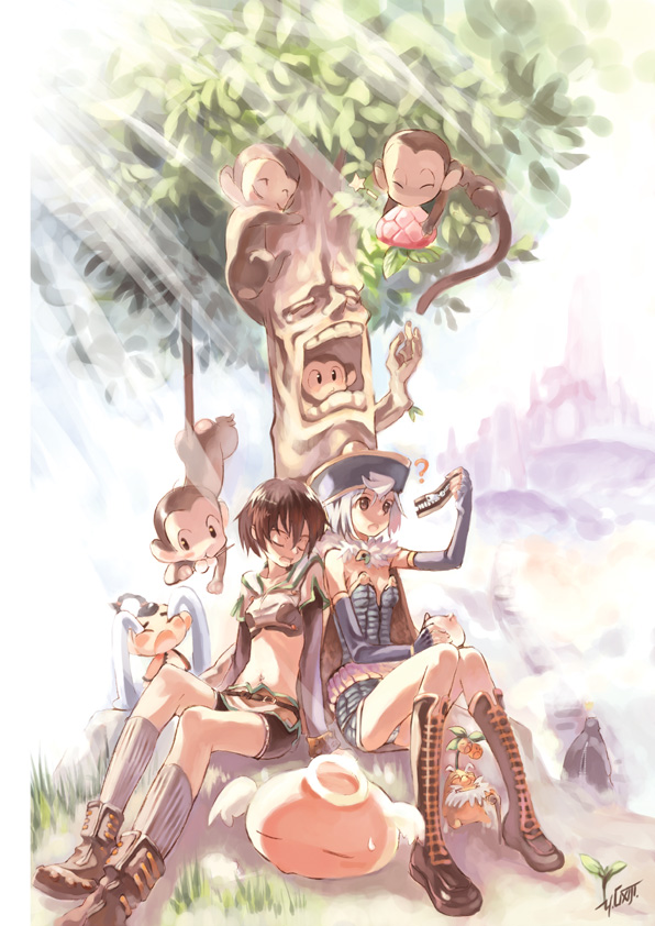 1boy 2girls ? alchemist_(ragnarok_online) angeling baphomet_jr boots breasts brown_cape brown_footwear brown_gloves brown_hair brown_shirt brown_skirt cape closed_eyes commentary_request crop_top cross-laced_footwear crying dress dumpling_child elbow_gloves enchanted_peach_tree fingerless_gloves food fruit full_body fur_collar gloves grass grey_dress grey_gloves grey_headwear hair_between_eyes halo hat hunter_(ragnarok_online) midriff miniskirt monkey multiple_girls navel okishiji_en open_mouth panties peach qingdai_guanmao ragnarok_online rock shirt short_dress short_hair short_shorts shorts shorts_under_skirt signature sitting skirt small_breasts strapless strapless_dress streaming_tears tears tree underwear white_hair white_panties yoyo_(ragnarok_online)