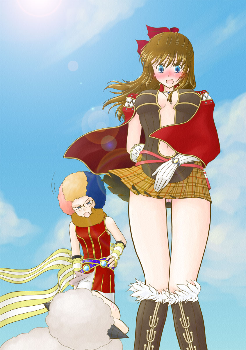 1boy 1girl afro amistr_(ragnarok_online) animal animal_around_neck belt blonde_hair blue_eyes blue_hair blue_sky boots bow breasts brown_belt brown_boots brown_dress brown_hair cape colored_pencil_(medium) commentary_request creator_(ragnarok_online) day detached_sleeves dress feet_out_of_frame fox fur-trimmed_boots fur_trim gloves hair_bow harunyan highres long_hair medium_breasts multicolored_hair open_mouth outdoors panties pantyshot pink_bow pink_panties pink_shirt plunging_neckline professor_(ragnarok_online) ragnarok_online red_bow red_cape red_hair sheep shirt short_dress short_hair sky sleeveless sleeveless_shirt standing striped_sleeves traditional_media underwear white_gloves white_sleeves wind wind_lift