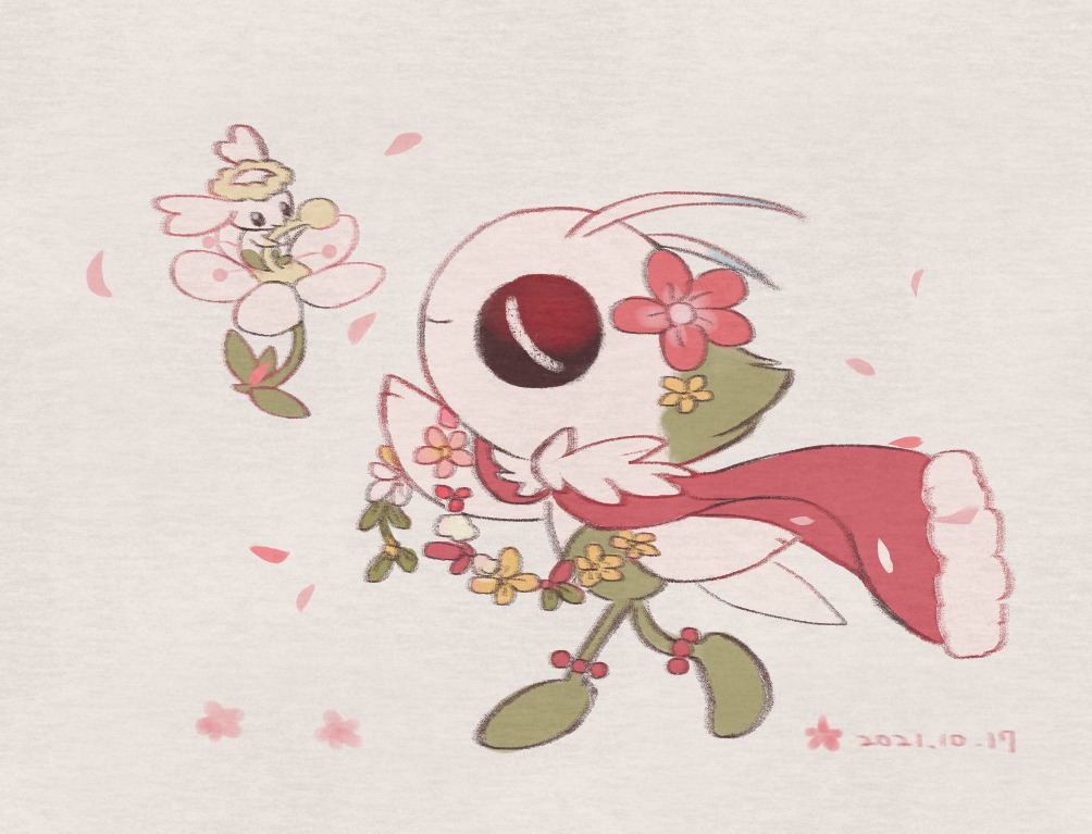 anklet bead_anklet beads cape celebi closed_eyes closed_mouth commentary_request dated flabebe flabebe_(white_flower) flower from_side gen_2_pokemon gen_6_pokemon jewelry leels legendary_pokemon mythical_pokemon nintendo no_humans petals pokemon pokemon_(creature) red_cape red_flower smile white_flower
