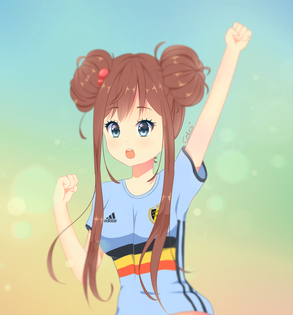 1girl :d adidas arm_up artist_name artist_request belgian_flag belgium blue_eyes breasts brown_hair clenched_hand double_bun donut_hair_bun euro_2016 female_focus hair_bobbles hair_bun hair_ornament jersey logo long_hair open_mouth original smile soccer soccer_uniform solo sportswear upper_body