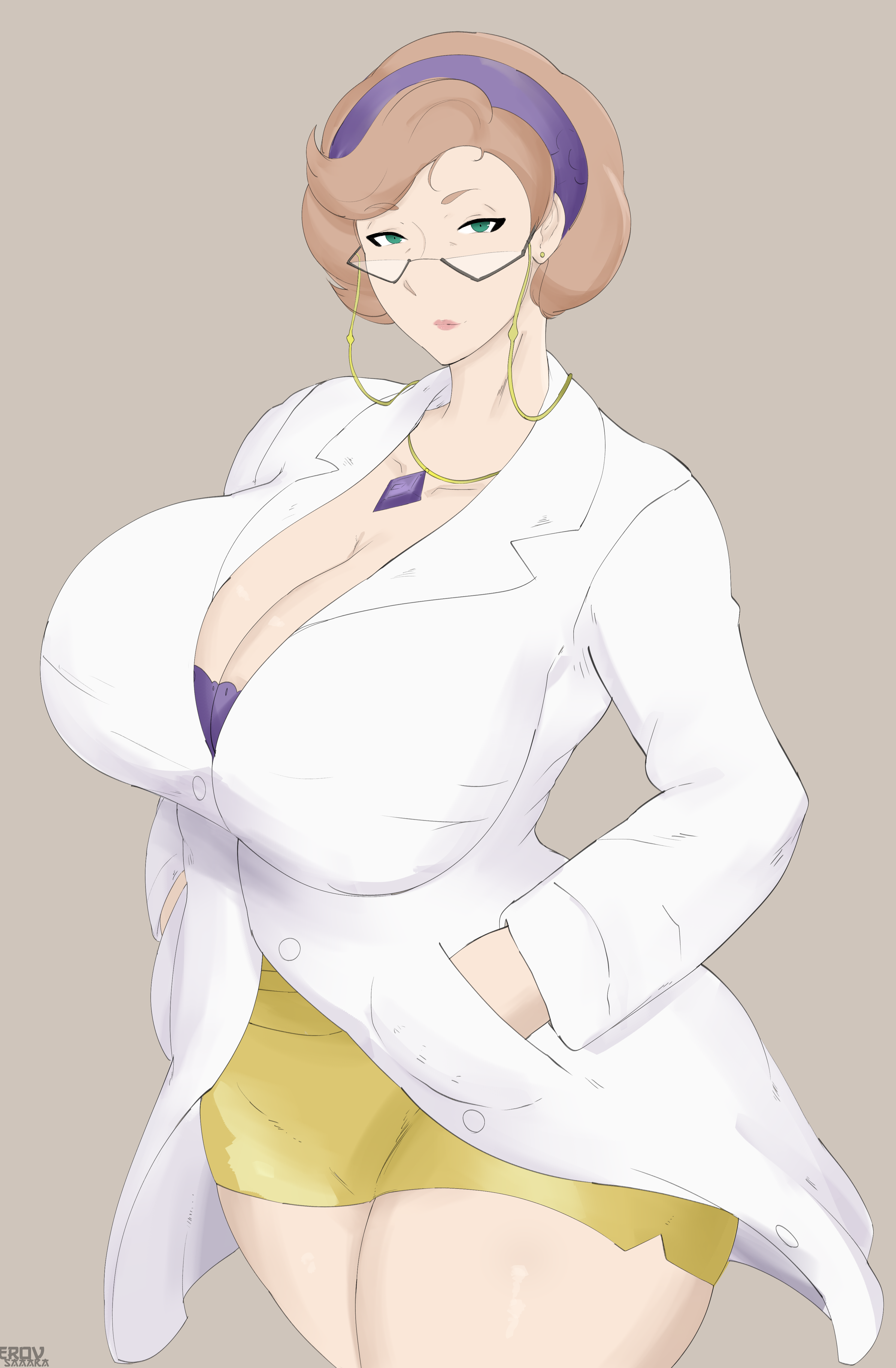 1girl absurdres aged_down breasts brown_hair cleavage erov_saaaka eyewear_strap gem glasses green_eyes hands_in_pockets headband highres jewelry lab_coat large_breasts magnolia_(pokemon) mature_female necklace nintendo pokemon pokemon_swsh short_hair shorts simple_background solo